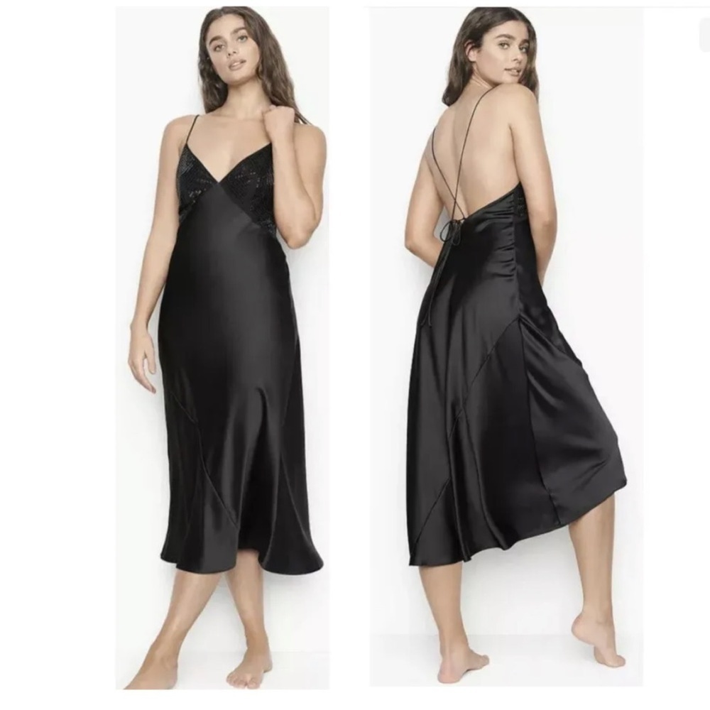 Victoria’s Secret Black Midi Slip Dress Satin Luxe Rhinestone Embellished SzS